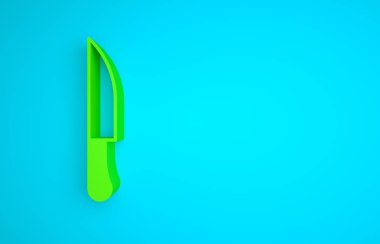 Green Knife icon isolated on blue background. Cutlery symbol. Minimalism concept. 3D render illustration .