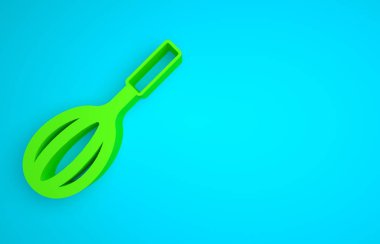 Green Kitchen whisk icon isolated on blue background. Cooking utensil, egg beater. Cutlery sign. Food mix symbol. Minimalism concept. 3D render illustration .