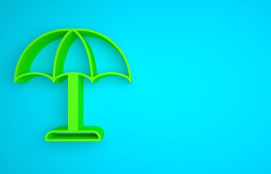 Green Sun protective umbrella for beach icon isolated on blue background. Large parasol for outdoor space. Beach umbrella. Minimalism concept. 3D render illustration .