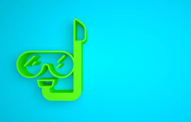 Green Diving mask and snorkel icon isolated on blue background. Extreme sport. Diving underwater equipment. Minimalism concept. 3D render illustration .