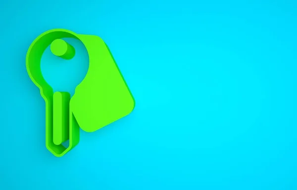 Green Hotel door lock key icon isolated on blue background. Minimalism concept. 3D render illustration .