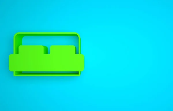 Green Hotel room bed icon isolated on blue background. Minimalism concept. 3D render illustration .