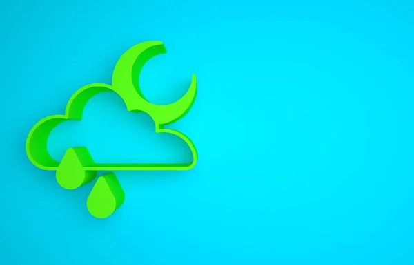 Green Cloud with rain and moon icon isolated on blue background. Rain cloud precipitation with rain drops. Minimalism concept. 3D render illustration .