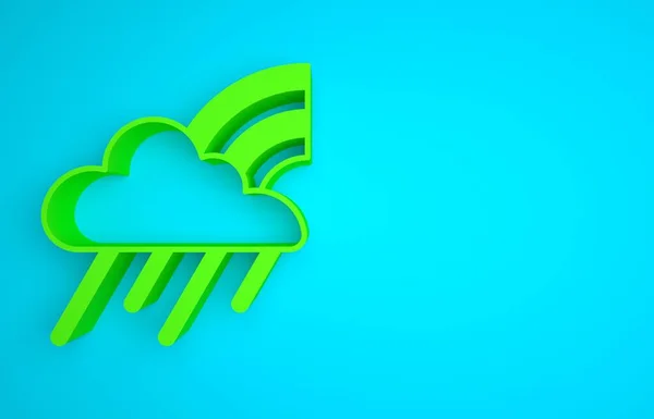 Green Rainbow with cloud and rain icon isolated on blue background. Minimalism concept. 3D render illustration .