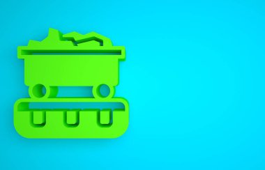 Green Coal train wagon icon isolated on blue background. Rail transportation. Minimalism concept. 3D render illustration .