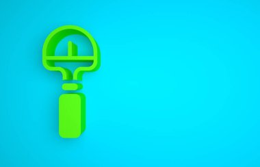 Green Shovel icon isolated on blue background. Gardening tool. Tool for horticulture, agriculture, farming. Minimalism concept. 3D render illustration .