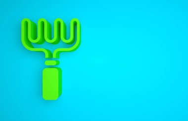 Green Garden rake icon isolated on blue background. Tool for horticulture, agriculture, farming. Ground cultivator. Housekeeping equipment. Minimalism concept. 3D render illustration .