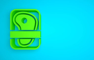 Green Meat packaging steak icon isolated on blue background. Fresh meat beef steak in plastic package. Organic product. Minimalism concept. 3D render illustration .