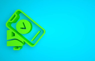 Green POS terminal with printed reciept and confirms the payment by smartphone icon isolated on blue background. NFC payment concept. Minimalism concept. 3D render illustration .