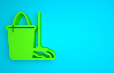 Green Mop and bucket icon isolated on blue background. Cleaning service concept. Minimalism concept. 3D render illustration .