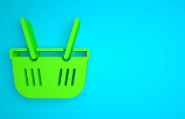 Green Shopping basket icon isolated on blue background. Online buying concept. Delivery service sign. Shopping cart symbol. Minimalism concept. 3D render illustration .