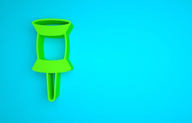 Green Push pin icon isolated on blue background. Thumbtacks sign. Minimalism concept. 3D render illustration .