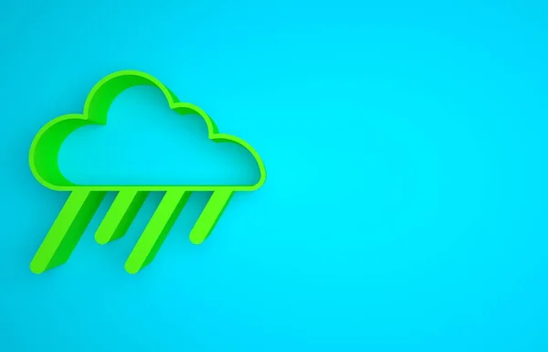 Green Cloud with rain icon isolated on blue background. Rain cloud precipitation with rain drops. Minimalism concept. 3D render illustration .