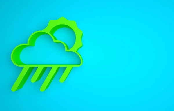 Green Cloud with rain and sun icon isolated on blue background. Rain cloud precipitation with rain drops. Minimalism concept. 3D render illustration .