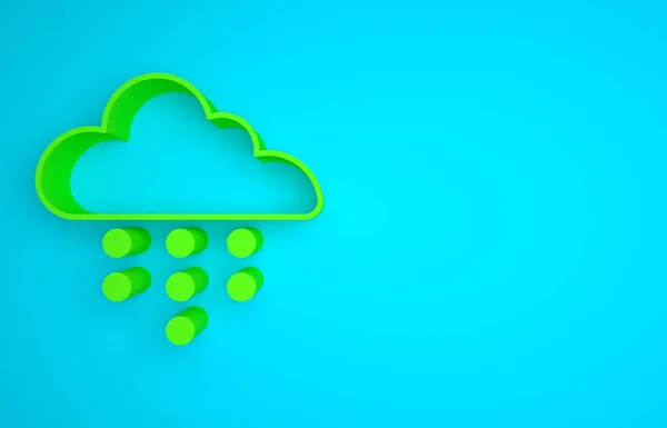 Green Cloud with rain icon isolated on blue background. Rain cloud precipitation with rain drops. Minimalism concept. 3D render illustration .