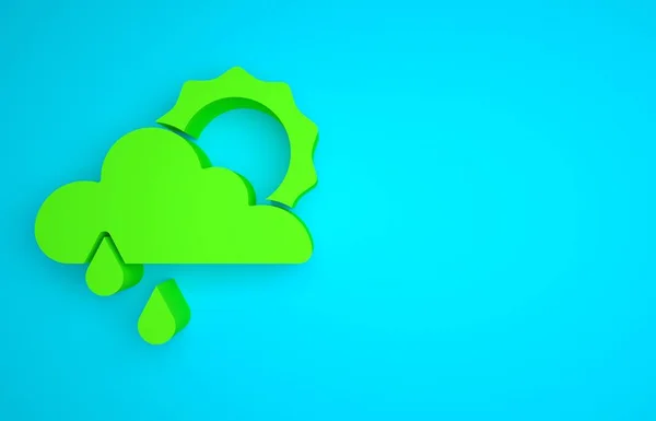 Green Cloud with rain and sun icon isolated on blue background. Rain cloud precipitation with rain drops. Minimalism concept. 3D render illustration .