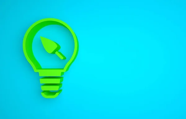 Green Light bulb with leaf icon isolated on blue background. Eco energy concept. Alternative energy concept. Minimalism concept. 3D render illustration .