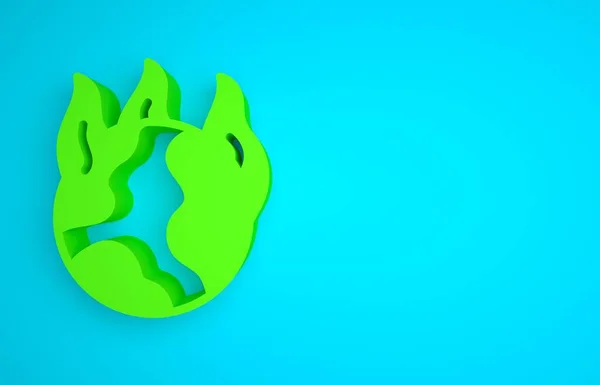 Green Global warming fire icon isolated on blue background. Minimalism concept. 3D render illustration .