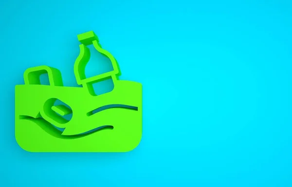 Green The problem of pollution of the ocean icon isolated on blue background. The garbage, plastic, bags on the sea. Minimalism concept. 3D render illustration .