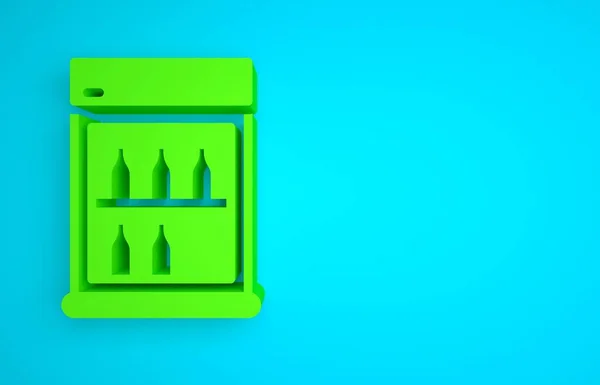 Green Commercial refrigerator to store drinks icon isolated on blue background. Perishables for store or supermarket. Minimalism concept. 3D render illustration .