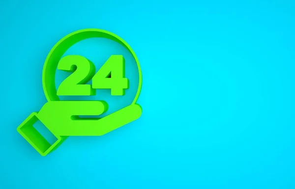 Green Telephone 24 hours support icon isolated on blue background. All-day customer support call-center. Full time call services. Minimalism concept. 3D render illustration .