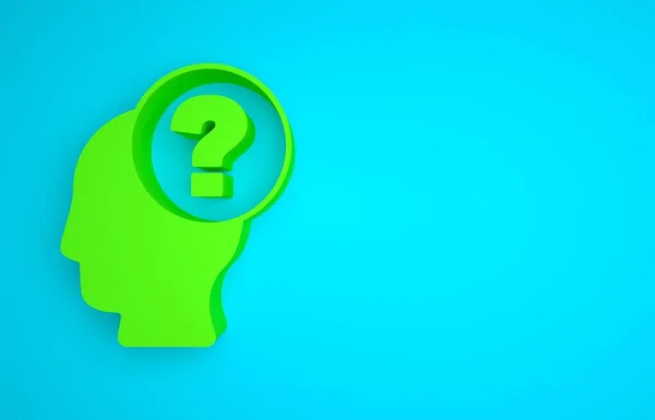 Green Human head with question mark icon isolated on blue background. Minimalism concept. 3D render illustration .