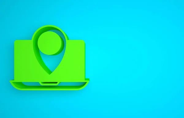 Green Laptop with location marker icon isolated on blue background. Minimalism concept. 3D render illustration .