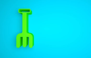 Green Garden rake icon isolated on blue background. Tool for horticulture, agriculture, farming. Ground cultivator. Housekeeping equipment. Minimalism concept. 3D render illustration .