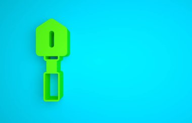 Green Shovel icon isolated on blue background. Gardening tool. Tool for horticulture, agriculture, farming. Minimalism concept. 3D render illustration .