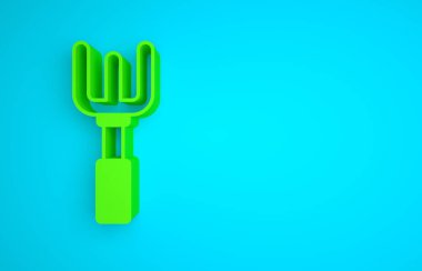 Green Garden rake icon isolated on blue background. Tool for horticulture, agriculture, farming. Ground cultivator. Housekeeping equipment. Minimalism concept. 3D render illustration .