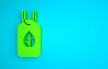 Green Vegan food diet icon isolated on blue background. Organic, bio, eco symbol. Vegan, no meat, lactose free, healthy, fresh and nonviolent food. Minimalism concept. 3D render illustration .