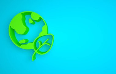 Green Earth globe and leaf icon isolated on blue background. World or Earth sign. Geometric shapes. Environmental concept. Minimalism concept. 3D render illustration .