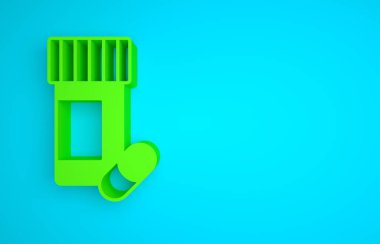 Green Medicine bottle and pills icon isolated on blue background. Bottle pill sign. Pharmacy design. Minimalism concept. 3D render illustration.