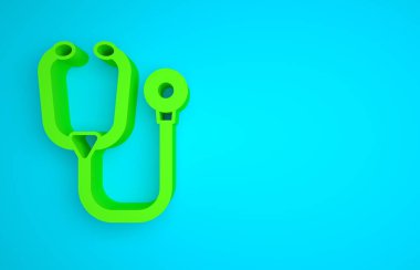 Green Stethoscope medical instrument icon isolated on blue background. Minimalism concept. 3D render illustration.