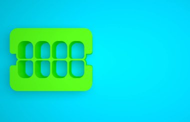 Green False jaw icon isolated on blue background. Dental jaw or dentures, false teeth with incisors. Minimalism concept. 3D render illustration.