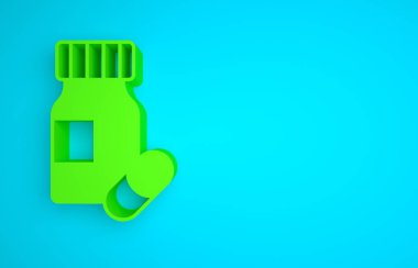 Green Medicine bottle and pills icon isolated on blue background. Bottle pill sign. Pharmacy design. Minimalism concept. 3D render illustration.