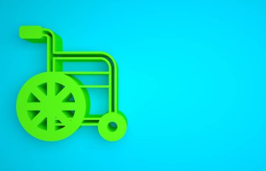 Green Wheelchair for disabled person icon isolated on blue background. Minimalism concept. 3D render illustration.