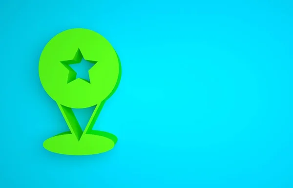 Green Map pointer with star icon isolated on blue background. Star favorite pin map icon. Map markers. Minimalism concept. 3D render illustration .