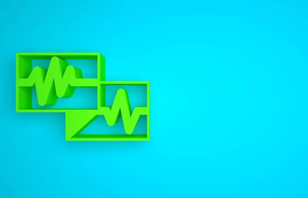 Green Computer monitor with cardiogram icon isolated on blue background. Monitoring icon. ECG monitor with heart beat hand drawn. Minimalism concept. 3D render illustration.