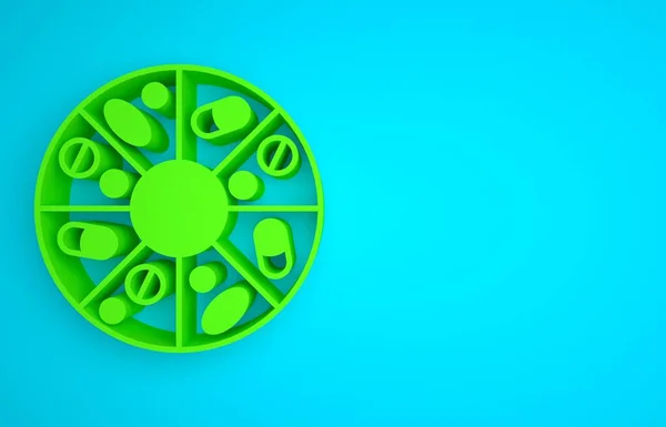 Green Vitamin complex of pill capsule icon isolated on blue background. Healthy lifestyle. Minimalism concept. 3D render illustration.