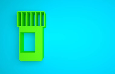 Green Medicine bottle and pills icon isolated on blue background. Bottle pill sign. Pharmacy design. Minimalism concept. 3D render illustration.