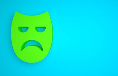 Green Drama theatrical mask icon isolated on blue background. Minimalism concept. 3D render illustration.