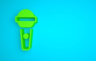 Green Microphone icon isolated on blue background. On air radio mic microphone. Speaker sign. Minimalism concept. 3D render illustration.