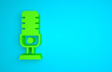 Green Microphone icon isolated on blue background. On air radio mic microphone. Speaker sign. Minimalism concept. 3D render illustration.