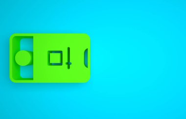 Green Mobile phone with record frame camera icon isolated on blue background. Mobile app application. Photo and video shooting. Minimalism concept. 3D render illustration.