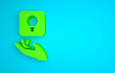 Green Light bulb with concept of idea icon isolated on blue background. Energy and idea symbol. Inspiration concept. Minimalism concept. 3D render illustration.