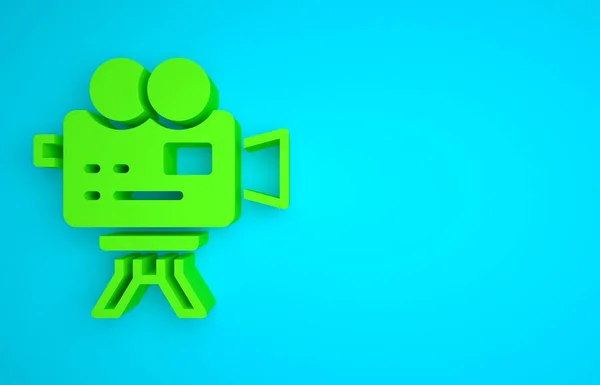 Green Retro cinema camera icon isolated on blue background. Video camera. Movie sign. Film projector. Minimalism concept. 3D render illustration.