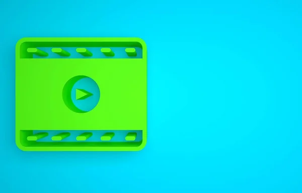 Green Play Video icon isolated on blue background. Film strip sign. Minimalism concept. 3D render illustration.