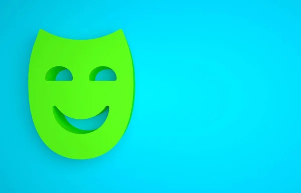 Green Comedy theatrical mask icon isolated on blue background. Minimalism concept. 3D render illustration.