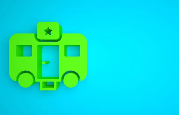 Green Machine trailer dressing room for actors icon isolated on blue background. Movie crew rest room. Star sleeping place. Film vehicle. Minimalism concept. 3D render illustration.